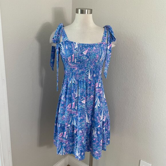 Lilly Pulitzer Womens XL Kailua Smocked Dress Blue Sleeveless - Picture 2 of 15